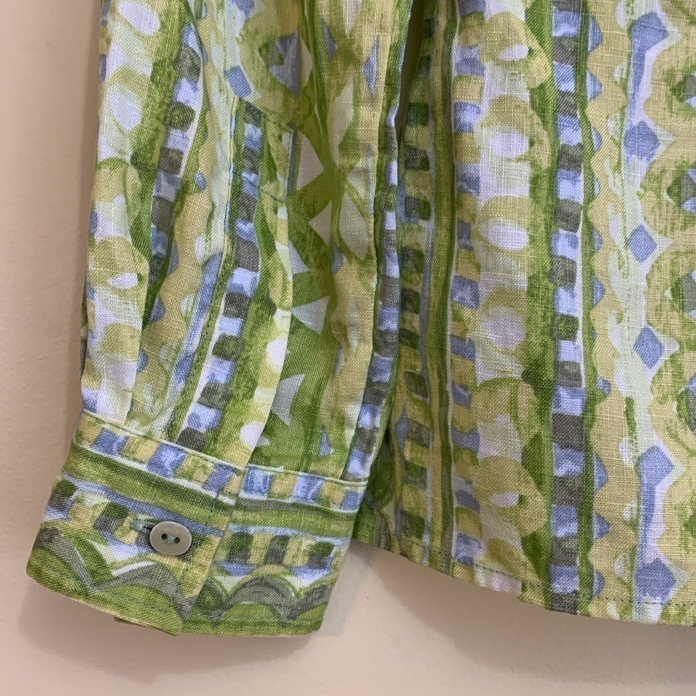 Sigrid Olsen | 100% Linen Green White Mixed Print Button Down Collared Shirt XS - Picture 15 of 17